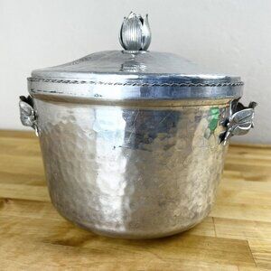 Vintage Mid Century Ice Bucket MCM TULIP‎ Hammered Aluminum Lid Tongs Set